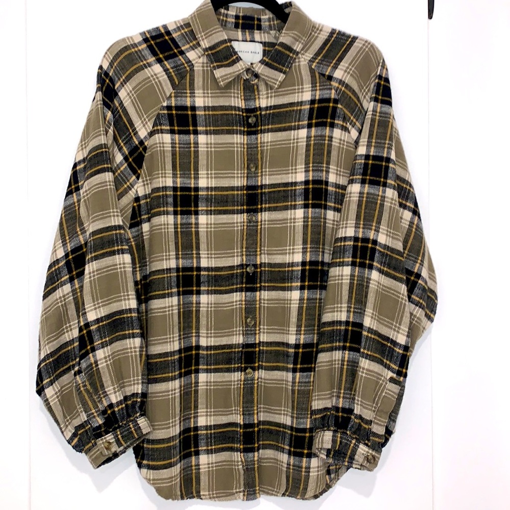 AE Flannel Puff Sleeve Medium Green, Black, Yellow and Cream